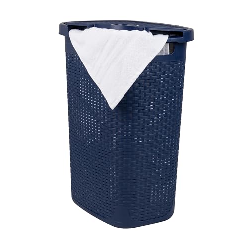 Mind Reader Slim Laundry Hamper with Lid, 60L Tall Clothes Basket, Narrow Tapered Design for Bathrooms, Closets and Laundry Rooms, Plastic, Navy - color: Navy, size: 1 Piece