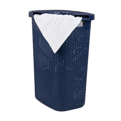 Mind Reader Slim Laundry Hamper with Lid, 60L Tall Clothes Basket, Narrow Tapered Design for Bathrooms, Closets and Laundry Rooms, Plastic, Navy - color: Navy, size: 1 Piece