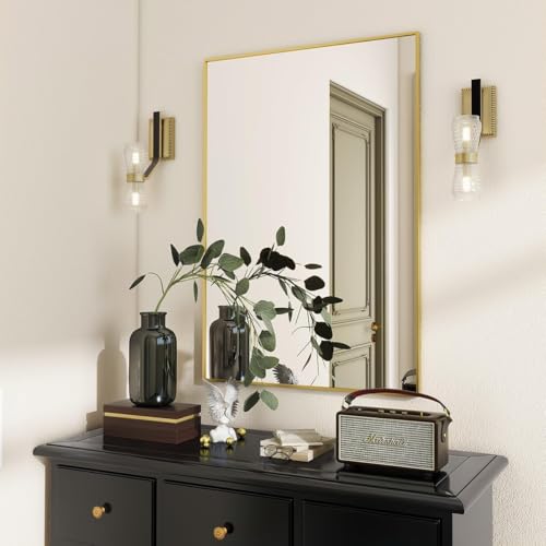 BEAUTYPEAK 26" x 38" Bathroom Wall Mirror with Metal Frame, Gold | Rectangular Mirror with Horizontal or Vertical Hanging, Ideal for Bathrooms, Bedrooms, Entryways, and Vanity Spaces - color: Gold, size: 38"L x 26"W