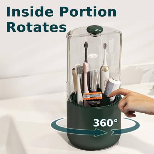 YOOLENS Toothbrush Holder with Cover 360 Rotating 4 Compartments Bathroom Toothpaste Electric Toothbrush Organizer, Dark Green - color: Dark Green