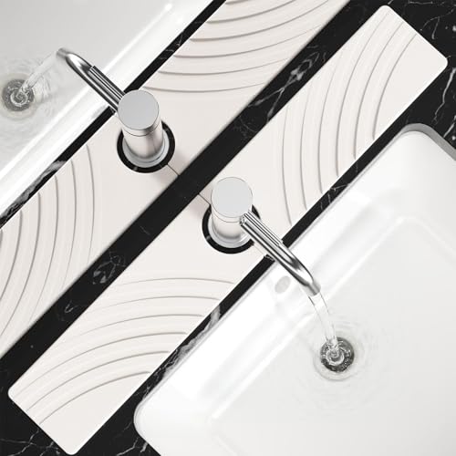 SpaceHacks Stone Faucet Mat for Kitchen Sink - Fast Drying Diatomite Stone Drying Mat, Textured Drainage Sink Protector, Water Splash Guard with Base Pads for Bathroom Counter (23.7x4 in, White) - color: White, size: 23.7" × 4"
