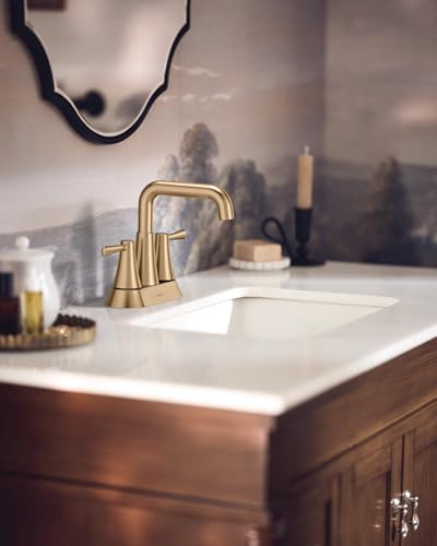 Moen Ronan Bronzed Gold Two-Handle 4 in. Centerset Modern Double Bend Bathroom Faucet with Push-Down Drain, 84025BZG - color: Bronzed Gold, style: 2-Handle Centerset