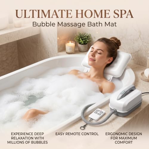 Bubble Bath Massager Mat with 6-Level Adjustment & Remote Control | Upgraded anti-slip suction cup，Inflatable pillow，Portable storage，Relieve muscle soreness and fatigue - color: White