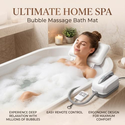 Bubble Bath Massager Mat with 6-Level Adjustment & Remote Control | Upgraded anti-slip suction cup，Inflatable pillow，Portable storage，Relieve muscle soreness and fatigue - color: White