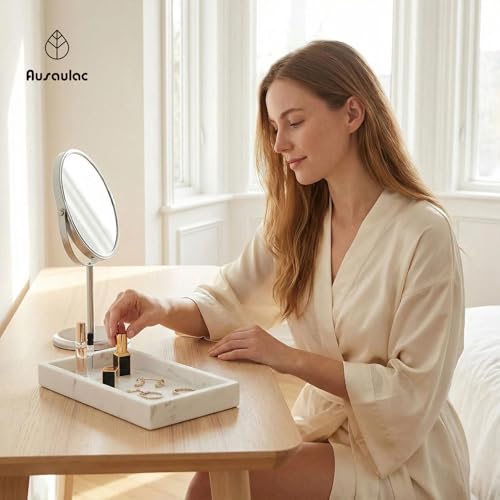 Natural Marble Tray Heavyweight Stone Vanity Tray for Bathroom Countertop, Coffee Table & Dresser - Handcrafted Rectangular Organizer (White, 9.84" x 4.72" x 1.18") - color: White