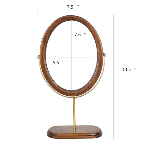 Tstarer Desk Makeup Mirror with Solid Wood,Elliptical Vanity Table Mirror for Living Room Bedroom (7.5 W x 13.5 H) (Rustic Brown)