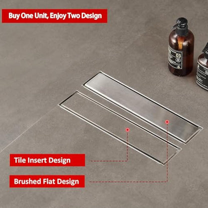 ELLO&ALLO 12 Inch Linear Shower Drain Brushed Nickel, SUS304 Stainless Steel Rectangle Shower Floor Drain with 2-in-1 Flat & Tile Insert Cover - color: Brushed Nickel, size: 12 In Tile insert Cover