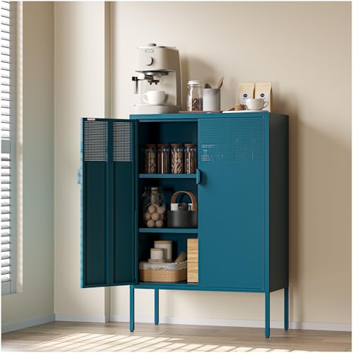 COFaR Peacock Blue Metal Cabinet, 47”H Modern Sideboard with Adjustable Shelves, Stylish Coffee Bar & Buffet Storage for Dining Room, Kitchen, Ventilated Metal Organizer with Magnetic Doors - color: Peacock Blue, size: 47"H with Mesh