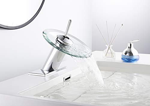 Waterfall Bathroom Sink Faucet Glass Spout Chrome One Handle Single Hole | Basin Vanity Bathroom Faucet Deck Mount with Cover Plate - color: Chrome, size: Short Design