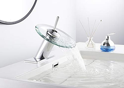 Waterfall Bathroom Sink Faucet Glass Spout Chrome One Handle Single Hole | Basin Vanity Bathroom Faucet Deck Mount with Cover Plate - color: Chrome, size: Short Design