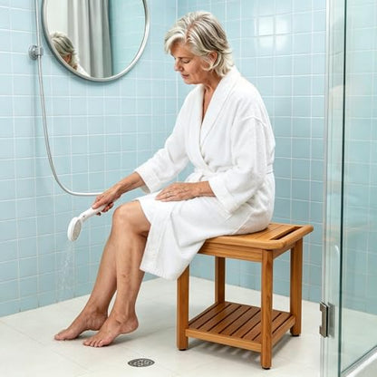 Teak Shower Stool 17" for Inside Shower, HeavyDuty Shower Bench Seat | Non-Slip Shower Stool with Storage Shelf, Waterproof Shower Chair for Seniors & Post Surgery, Safe Bathing & Everyday Comfort - size: 17"-Comfort+