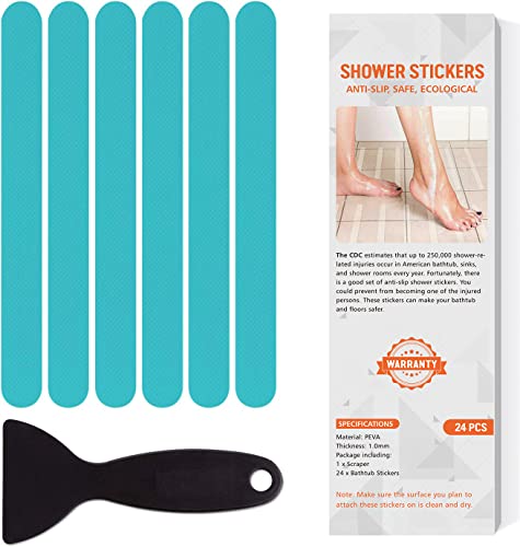 Non Slip Bathtub Stickers, 24 PCS Shower Stickers for Safety Bathroom Tubs, Bathtub Non Slip Stickers and Adhesive Decals Scraper for Bath Tub, Shower Floor, Stairs, Ladders (Blue) - color: Blue