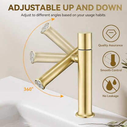 360° Rotatable Bathroom Sink Faucet, Bathroom Faucets 1 Hole 2 Water Outlet Modes, Single Handle Bathroom Faucets with Hot and Cold Hoses - color: Gold