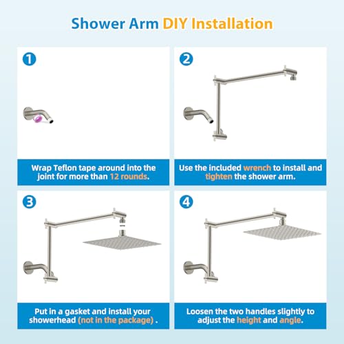 All-Metal 20" Shower Head Extension Arm, G1/2" Universal, Brushed Nickel | Flexible Brass Shower Extender Height/Angle Adjustable for Tall People, Stainless Steel Shower Pipe Extended with Lock Joint - color: Brushed Nickel, size: 20 Inch
