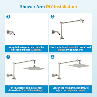 All-Metal 20" Shower Head Extension Arm, G1/2" Universal, Brushed Nickel | Flexible Brass Shower Extender Height/Angle Adjustable for Tall People, Stainless Steel Shower Pipe Extended with Lock Joint - color: Brushed Nickel, size: 20 Inch