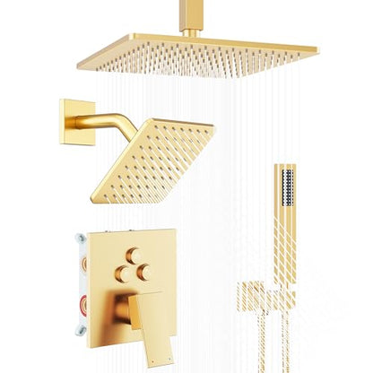 Gold Shower Faucet Set, Brushed Gold Shower System, 10'' Ceiling Shower Head and 6'' Wall Mounted ShowerHead, Dual Gold Shower Head with Handheld Combo, 3 In 1 Push Button Shower Diverter Valve - color: Brushed Gold