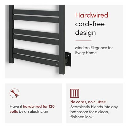 WarmlyYours Grande Heated Towel Rack, 12 Bars, Matte Black | Wall-mounted electric towel warmer rack and dryer, 120V hardwired, flat heated bars for towels and bathrobes - color: Matte Black, size: 12 Bars