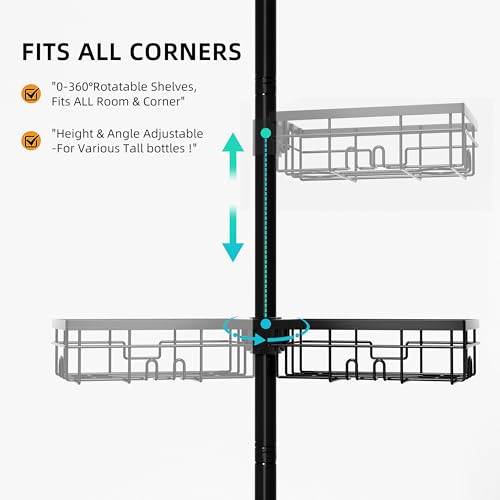 Corner shower storage pole, six-tier bathroom storage rack, height adjustable 30-120 inches, black carbon steel, with toothbrush cup, soap dish, towel storage pole, razor holder, hooks.