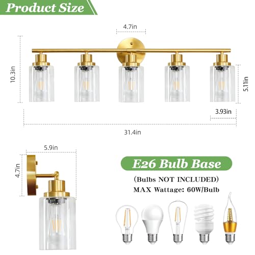 5-Light Bathroom Vanity Lights, E26 Modern Brushed Gold Bathroom Light Fixtures with Clear Glass Shade, Mirror Kitchen Hallway Cabinet Living Room Sconces Wall Lights - color: Gold & Clear Glass Shade, size: 31.4 Inch : 5-Light