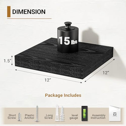 Vivelove Black Floating Shelves, 12 X 12 Inches Deep, Set of 2 | Invisible Brackets, Easy Mount Shelf with Hardware Kit, for Bathroom Bedroom Living Room Kitchen, Engineered Wood - color: Black, size: 12”wx12”dx1.5”h
