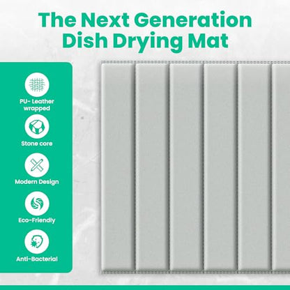 25" x 15" PU Leather Wrapped Large Stone Dish Drying Mat for Kitchen Counter Sink - Quick Dry Super Absorbent Diatomaceous Earth Pad for Dishes, Mats for Bathroom - Absorbing Mats - Gray