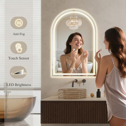 Arched LED Bathroom Mirrors with Lights 22"x36", Anti-Fog, Dimmable, Shatterproof, Touch Sensor - size: 36"L x 22"W