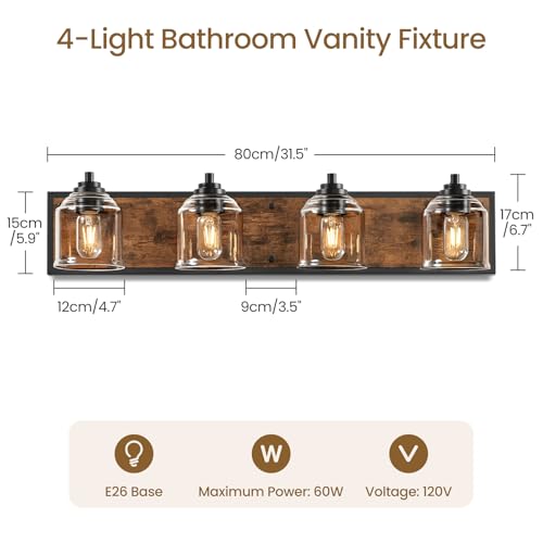 4-Light Bathroom Fixture, 31.5" Large Farmhouse Vanity Light, E26 Base (Bulbs Not Included), Thickened Glass Shade, for Bathroom, Bedroom, Vanity, Hallway, Rustic Brown and Black F18BD05 - size: 4-Light