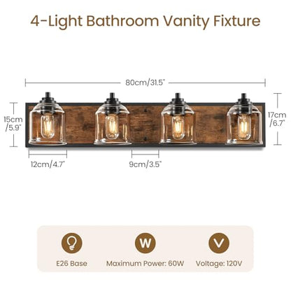 4-Light Bathroom Fixture, 31.5" Large Farmhouse Vanity Light, E26 Base (Bulbs Not Included), Thickened Glass Shade, for Bathroom, Bedroom, Vanity, Hallway, Rustic Brown and Black F18BD05 - size: 4-Light