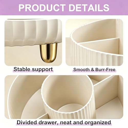 360 Rotating Makeup Brush Holder Organizer, 5-Slot Spinning Cosmetics Cup for Makeup Brushes, Nail Polish & Art Supply, Bathroom Vanity Desktop Caddy, Beige