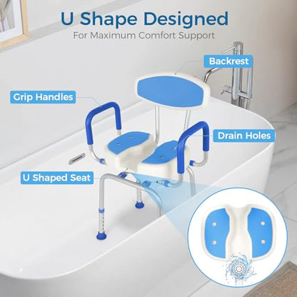 FAHKNS Swivel Senior Bathing Chair with Arms & Back, 400 LBS Heavy Duty U-Shape Seat, Height Adjustable Safety Bath Seat for Tub, Elderly & Disabled - color: Blue