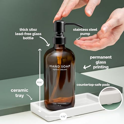 Vine Creations Amber Glass Soap Dispenser Set, Kitchen Soap Dispenser Set with Ceramic Tray, 16 oz Dish Soap and Hand Soap Dispensers with Stainless Steel Pump Decor (Amber Bottle/Matte Black) - color: Amber Bottle / Matte Black Pump