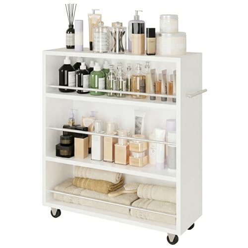 ALBAD Slim Rolling Cart,4-Tier Storage Cart with Wheels,7.9”W Slim Storage Cart with Handle for Kitchen Laundry Narrow Places Bathroom Dining Room Small Spaces | 4 adjustable MDF shelves (20 lbs each), 360° casters + side handle, Fits kitchen, laundry, ba