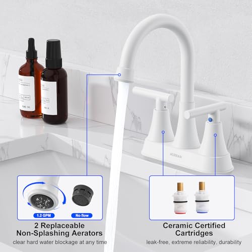 Bathroom Faucet, Hurran 4 inch Centerset 2-Handle Lead-Free, White | Bathroom Sink Faucet with Pop-up Drain and Supply Lines, Stainless Steel Faucet for Vanity RV Restroom Laundry Outdoor Sink - color: White