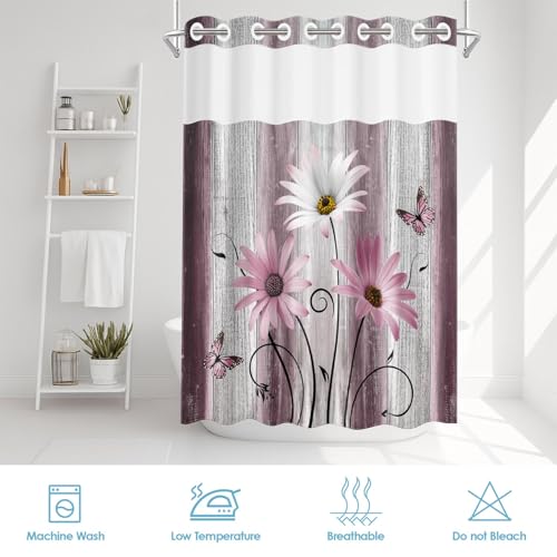 No Hook Shower Curtain with Snap in Liner 54x80 Inch Pink Daisy | Farmhouse Flower Rustic Modern Double Layers Waterproof Fabric with See Through Top Window Open Grommet Bath Curtain - color: Pink Daisy, size: 54"W x 80"L (Pack of 1)