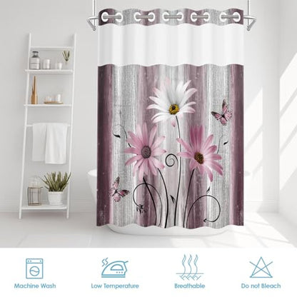 No Hook Shower Curtain with Snap in Liner 54x80 Inch Pink Daisy | Farmhouse Flower Rustic Modern Double Layers Waterproof Fabric with See Through Top Window Open Grommet Bath Curtain - color: Pink Daisy, size: 54"W x 80"L (Pack of 1)