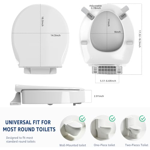 Raised Toilet seat 2.91 inch Round, 16.5 x 14.3inch Compatible | Soft Close + Quick-Release, Easy Clean, Bottom/Top Fixing, Safe Anti-Slip Pad Never Loosen, PP, White, 3 Years Support