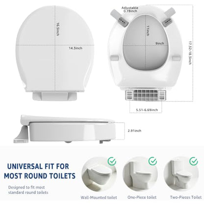 Raised Toilet seat 2.91 inch Round, 16.5 x 14.3inch Compatible | Soft Close + Quick-Release, Easy Clean, Bottom/Top Fixing, Safe Anti-Slip Pad Never Loosen, PP, White, 3 Years Support