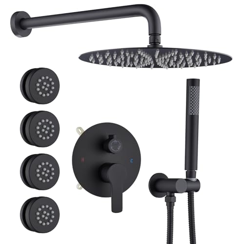 Iriber Mattle Black Round Rain Shower System with 4 PCS Body Jets 3 Function Shower Faucet Set Contain 12 Inch Shower Head and Handheld Wall Mounted Pressure Balance Shower Trim Kit (Valve Included) - color: Matte Black 04