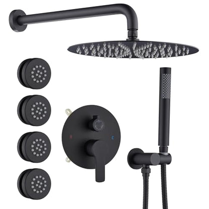 Iriber Mattle Black Round Rain Shower System with 4 PCS Body Jets 3 Function Shower Faucet Set Contain 12 Inch Shower Head and Handheld Wall Mounted Pressure Balance Shower Trim Kit (Valve Included) - color: Matte Black 04