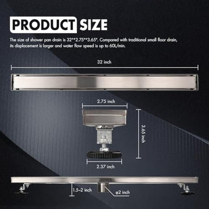 Micmi 32 inch Shower Floor Drain with Adjustable Quadrato Pattern Grate, 304 Stainless Steel, Rubber Gasket, Hair Strainer (1 Pack, Brushed Nickel, 32 in) - size: 32 IN