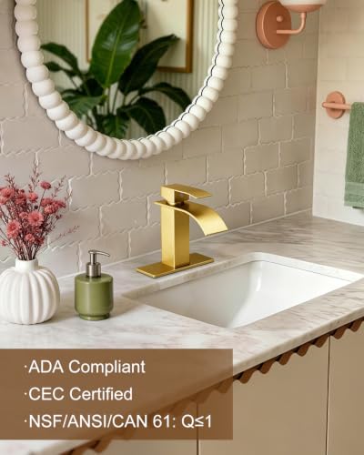 Waterfall Single Handle Bathroom Sink Faucet with Drain Gold | Brushed Gold Vanity Faucet with Pop-up Drain, Ceramic Valve, for 1 or 3 Hole Modern Bathrooms. - color: Gold