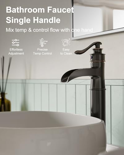 BWE Waterfall Spout Oil Rubbed Bronze Bathroom Faucet Vessel Sink Faucet | Single Handle One Hole Tall Sink Faucet Bathroom ORB Lavatory Faucets Deck Mount Commercial with Pop Up Drain 2 Supply Lines - color: Bronze