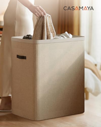 CASAMAYA Laundry Basket with Lid, Laundry Hamper 2 Section, 170L collapsible Laundry Organizer, Easy Assembly, with Handles and Removable Liners, 22 x 15.7 x 29.5 Inches, Beige JSP903M - color: Beige, size: 170L(2-Section)