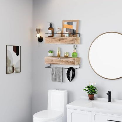 dreampossible 2-Pack Rustic Floating Shelves with Drawer, Wall Mounted Bathroom Shelf, 15.8 Inch Long, Brown Wood & Metal, 30 lbs Capacity - color: Brown, size: 15.8 Inch Long