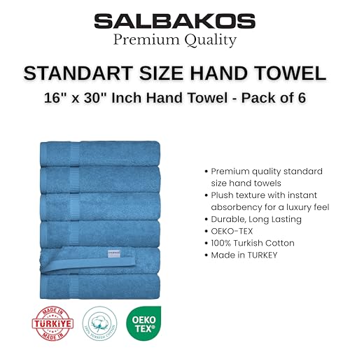 SALBAKOS 6-Piece 100% Turkish Cotton Hand Towels, 16x30 inch, Blue | Large Size Thick Super Soft Highly Absorbent, Versatile Hair Face & Hand Drying Towel, Premium Hotel Quality Made in Turkey - color: Blue, size: 6 Hand Towels