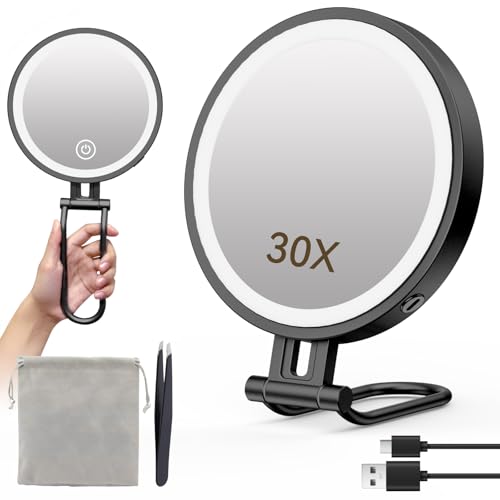 Travel Makeup Mirror with Lights,3000mAh Rechargeable 1X/30X Magnifying Mirror with Light, 7" Portable Lighted Beauty Mirror, Make Up Mirrors with 3 Light Colors, Dimmable Tabletop Handhold Hanging(B) - color: 30x-black