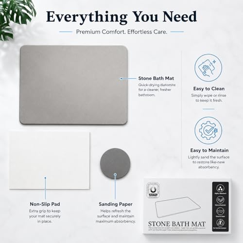 Stone Bath Mat Quick Dry, Diatomaceous Earth Bath Mat Non Slip Absorbent Floor Mat, Diatomite Stone Drying Mat for Bathroom Comes with Non-slip Pad and Sandpaper (Off-White, 24" x 15.5" x 0.4") - color: Off-white