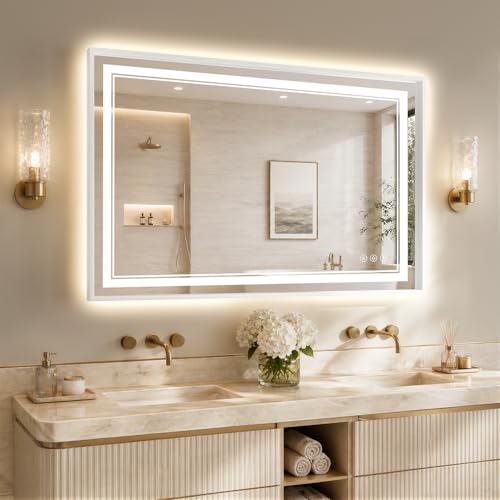 30"x48" LED Bathroom Mirror with Lights, Backlit + Front Lit, Anti-Fog, Lighted Bathroom Mirror with One-Piece Aluminum Alloy Frame, HD Shatterproof Tempered Glass, Dimmable, Memory Function - color: White, size: 48"L x 30"W