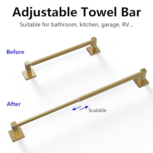 Towel Bar, Adjustable 12.7inch to 23.2inch Wall Mounted Towel Rack for Bathroom, Kitchen, SUS 304 Stainless Steel Towel Rod with Square Base (Gold) - color: Gold, size: Wall-Mounted