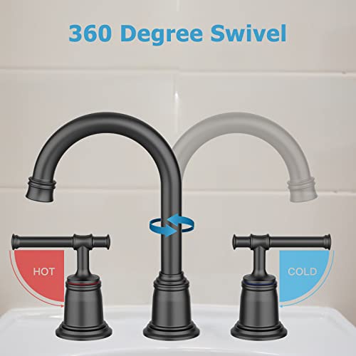 Classical Bathroom Faucets for Sink 3 Holes, 8 inch Bathroom Faucet, Widespread Matte Black Bathroom Faucet with Pop Up Drain and cUPC Lead-Free Hose (Matte Black) - color: Matte Black, size: 8 Inch